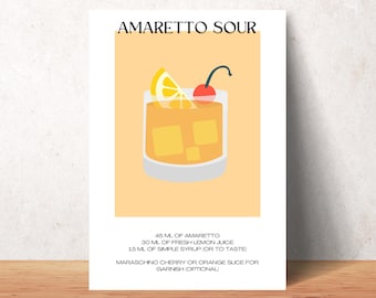 Amaretto Sour Cocktail Printable Art, Classic Cocktail Wall Art, Bar Cart Printable, Stylish Home Bar & Kitchen Poster, Cocktail Recipe Art