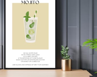 Mojito Cocktail Printable Art, Classic Cocktail Recipe Wall Art, Bar Cart Printable, Stylish Home Bar & Kitchen Poster, Cocktail Recipe Art