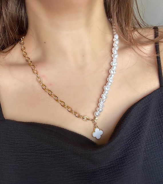 Buy Baroque Pearl Necklace, Pearl Chain Necklace, Gold Pearl Necklace,  Chunky Pearl Necklace, Pearl and Gold Necklace, Half Pearl Half Chain  Online in India - Etsy