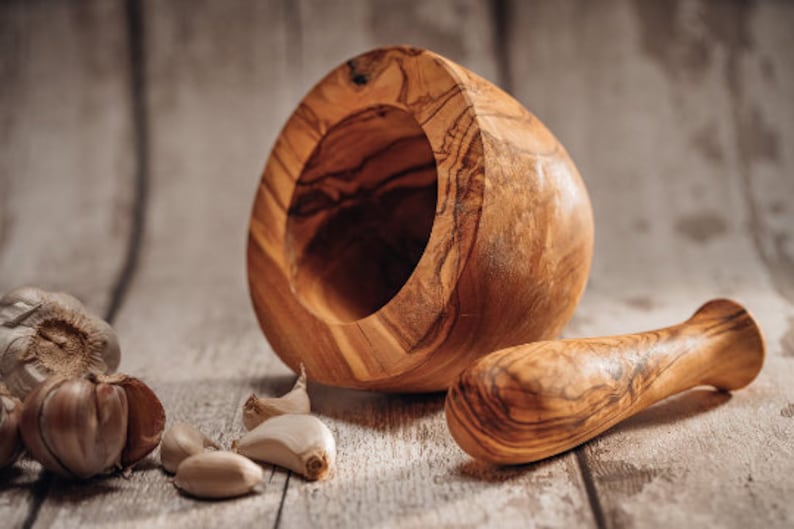 NATURAL OLIVEWOOD Mortar and Pestle Wood Herb Grinder Hand-crafted in Europe completely unique Kitchen Décor Appleyard & Crowe image 3