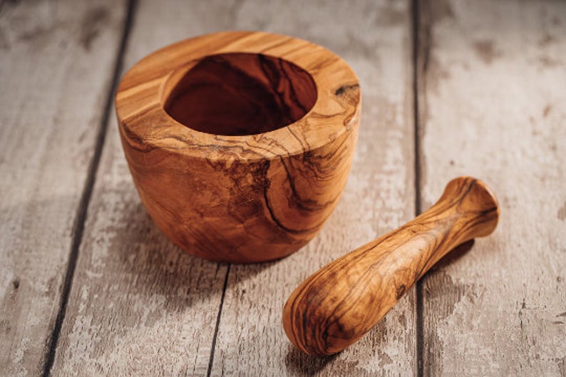 NATURAL OLIVEWOOD Mortar and Pestle Wood Herb Grinder Hand-crafted in Europe completely unique Kitchen Décor Appleyard & Crowe image 2