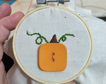 Fall Pumpkin 3" Embroidered Hoop | Finished Button Embroidery