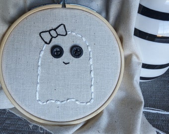 Halloween Cute Ghost 3" Embroidered Hoop | Spooky Season Finished Button Embroidery