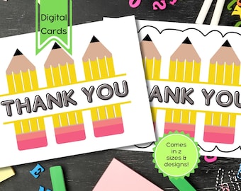 Tarjetas de agradecimiento imprimibles en blanco para profesores, con forma de lápices, en formato PDF, para fin de curso, agradecimiento y descarga digital
