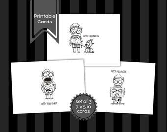 Zombie Happy Halloween Set of 3 Blank 7"x5" Printable Cards | Digital Download