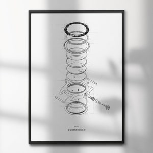 Exploded View of the The Rolex Submariner | High-Quality Watch Art Prints | Perfect for Watch Enthusiasts and Decor