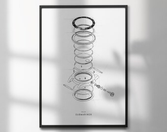 Exploded View of the The Rolex Submariner | High-Quality Watch Art Prints | Perfect for Watch Enthusiasts and Decor