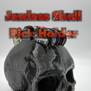 May include: A black plastic skull with no jaw, used as a guitar pick holder. The skull is filled with various guitar picks, including a black pick with the word "Epiphone" printed on it.