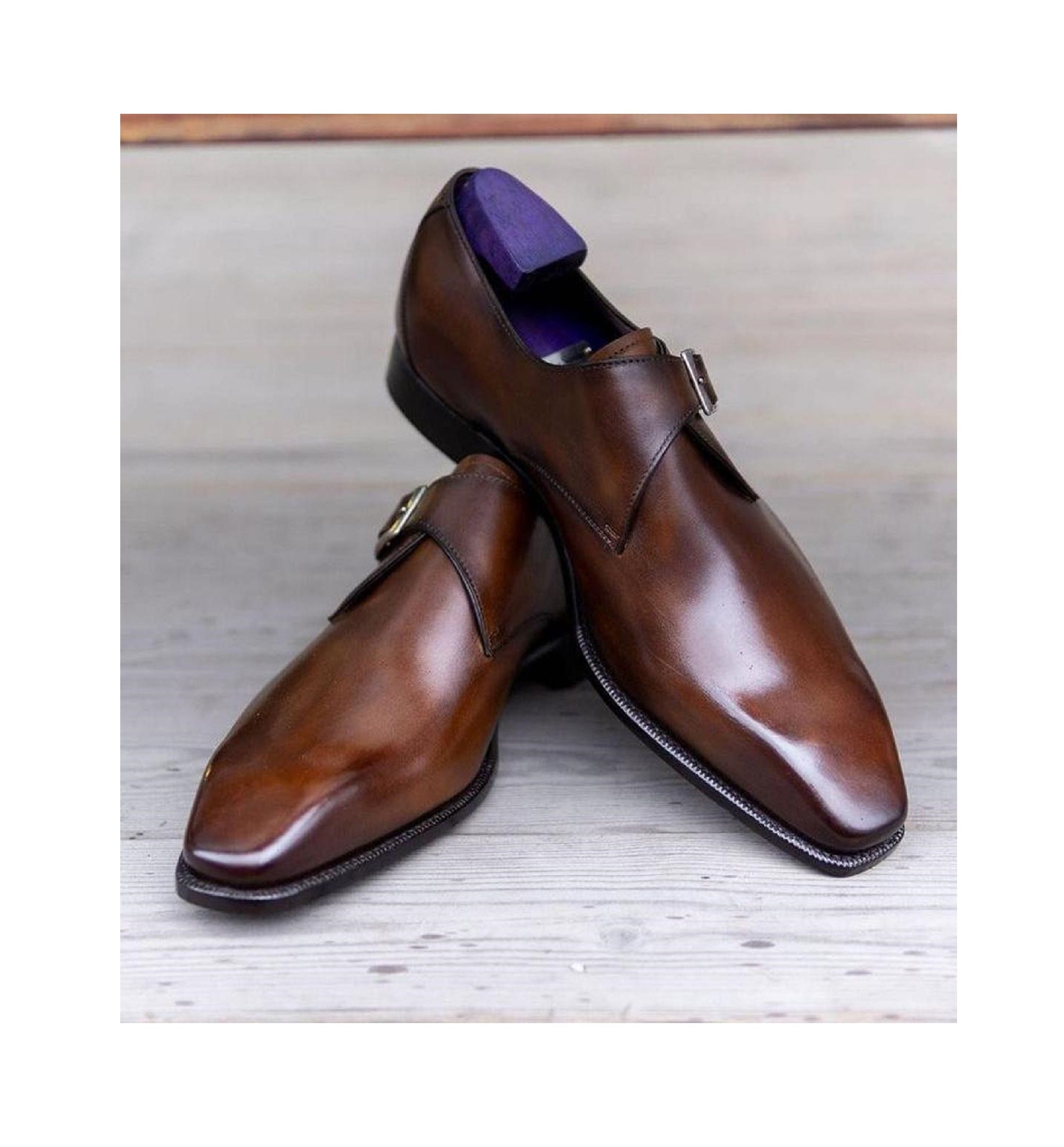 New Pure Handmade Brown Shaded Leather Stylish Monk Strap Shoes For Men's