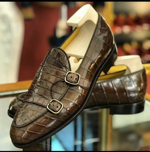 Handmade Men Brown Crocodile Shoes, Men Double Monk Dress Shoe