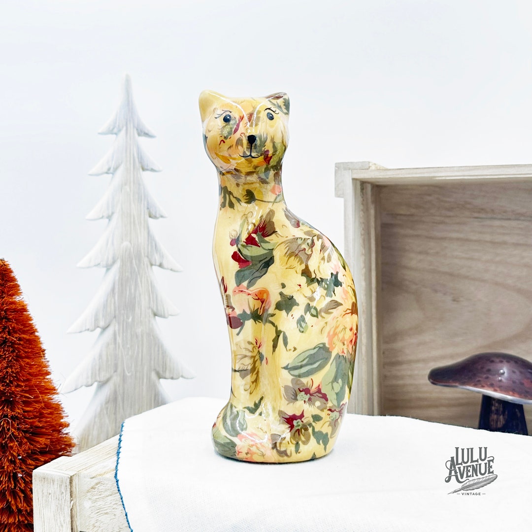 Vintage Joan Baker Cat Figurine, Decoupaged Patchwork Kitschy Cat, Hand