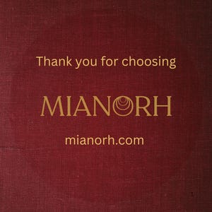 May include: A dark red textured card featuring the gold text Thank you for choosing MIANORH and the website mianorh.com. The letter O in the brand name is replaced by a series of concentric circles. The background has a visible fabric-like weave.
