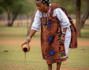 May include: A person wearing a white tunic with striped sleeves and a brown patterned wrap featuring geometric shapes and blue circles. The person wears a beaded necklace, cowrie shell hair accessories, and stacked bracelets, pouring liquid from a gourd.