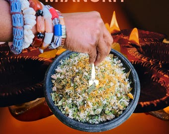 May include: Image featuring a black bowl filled with herbs and spices, with a hand holding a lit flame above it. The image has text that reads "MIANORH" at the top and "Ancestral Fire . Memory . Protection" at the bottom. Colorful beaded bracelets adorn the wrist.