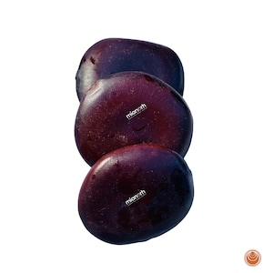 Op de afbeelding: Drie gladde, donkerpaarse, cirkelvormige objecten verticaal gestapeld. De twee onderste objecten zijn voorzien van de witte tekst "mianerh" in het midden. De oppervlakken hebben een glanzende, reflecterende afwerking in pruimtinten.