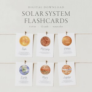 Flashcards ilustrados do sistema solar 4x6 - Cartões de educação domiciliar do sistema solar - Estudo do planeta - Astronomia - Aquarela - Aprendizagem Montessori