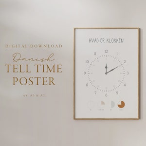 Hvad er klokken - Cartel de la hora - Idioma danés - Cartel educativo - Decoración de la sala de juegos - Montessori - Descarga digital