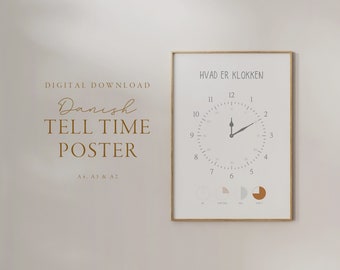 Hvad er klokken - Telling time Poster - Danish language - Educational poster - Playroom Decor - Montessori - Digital Download