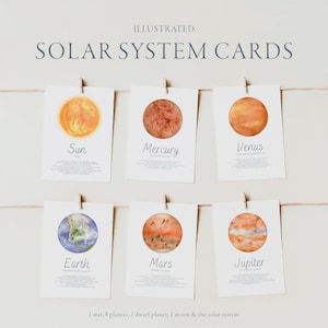Cartões Flash Ilustrados do Sistema Solar - Cartões do Sistema Solar - Cartões escolares em casa - Estudo do planeta - Astronomia - Aquarela - Aprendizagem Montessori