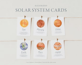 May include: Illustrated watercolor cards of the solar system. The cards feature the sun, Mercury, Venus, Earth, Mars, and Jupiter. The text on the cards reads "1 star, 8 planets, 1 dwarf planet, 1 moon & the solar system".