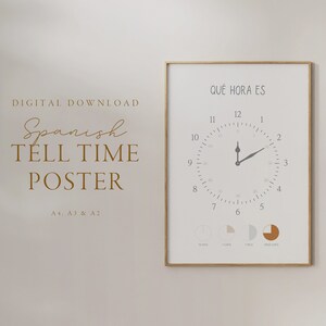Qué hora es - Telling time Poster - Spanish language - Educational poster - Playroom Decor - Montessori - Digital Download