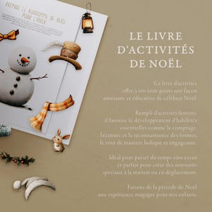 K&ouml;nnte beinhalten: Ein wei&szlig;er und grauer Schneemann mit einem rot-orangenen Schal, einem braunen Hut und einer wei&szlig;en Feder. Das Bild ist auf wei&szlig;em Hintergrund mit dem Text "Prepare le bonhomme de neige pour l'hiver" in Franz&ouml;sisch. Der Text "Le livre d'activit&eacute;s de No&euml;l" ist in gr&ouml;&szlig;erer Schrift und in Franz&ouml;sisch.