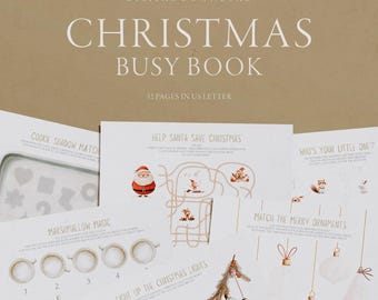 Könnte beinhalten: Ein digitaler Download eines Weihnachtsbuch mit 32 Seiten im US Letter-Format. Die Seiten zeigen weihnachtliche Aktivitäten, darunter Zuordnungsspiele, Labyrinthe und Ornament-Matching. Das Buch hat einen beigen Hintergrund mit Text und Illustrationen.