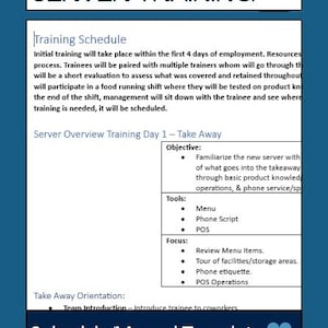 Könnte beinhalten: Ein Server-Schulungsplan und Handbuch-Template mit dem Titel "Server-Schulung" und dem Text "Plan/Handbuch-Vorlage". Das Dokument beschreibt den Schulungsprozess für neue Server, einschließlich des Ziels, der Werkzeuge und des Schwerpunkts der Schulung.
