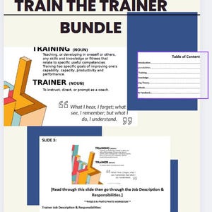 Op de afbeelding: Een kleurrijke diapresentatie met de titel "Train the Trainer Bundle" met een inhoudsopgave met onderwerpen zoals "Introductie", "Verantwoordelijkheden", "Training", "Kennis", "Trainingstheorie", "Methoden" en "Feedback". De dia bevat ook een citaat: "Wat ik hoor, vergeet ik; wat ik zie, herinner ik me; maar wat ik doe, begrijp ik."