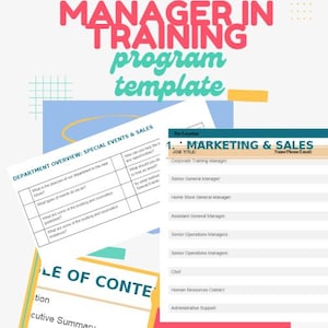 Pode incluir: Um modelo de programa de treinamento para gerentes imprimível com um fundo rosa, azul e amarelo. O modelo inclui uma seção para a visão geral do departamento, eventos especiais e vendas, e uma seção para marketing e vendas com uma lista de cargos e espaços para preencher nomes, números de telefone e endereços de e-mail.