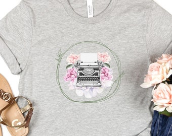 Vintage Typewriter Shirt, Peach and Pink Flowers Top, Retro Typing Machine Tshirt