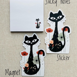 Floral Atomic Cat Set: Magnet, Sticker, and Sticky Notes Bundle