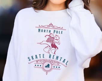 North Pole Sweatshirt, Christmas Figure Skating Sweater, Vintage Ice Skates Pullover, Ice Skating Gift, Retro Style Christmas Shirt