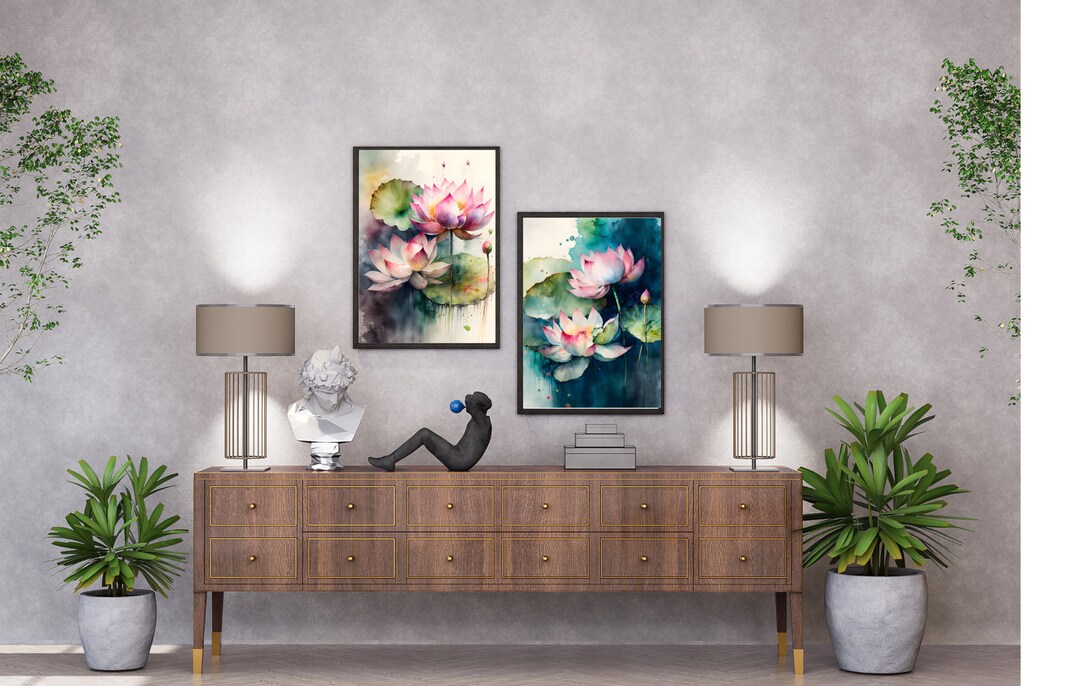 Lotus Watercolor Set of 2 Lotus Flower Home Decor Lotus Art Etsy