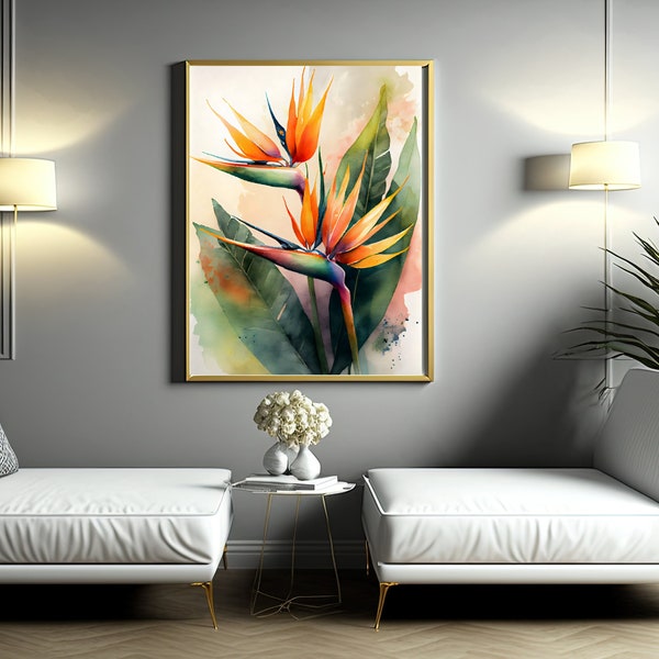 Captivating Bird of Paradise Watercolor Wall Art, Vibrant Floral Print, Stunning Flowers Home Decor, Botanical Digital Print