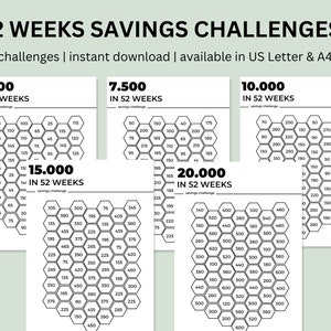 52 Week Savings Challenge | Save 5K, 7.5K, 10K, 15K or 20K in 52 Weeks | Savings Challenge Printable Bundle | Save Money