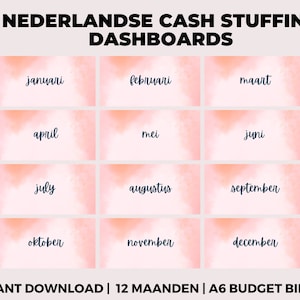 May include: Twelve printable cash stuffing dashboard templates in Dutch, featuring a watercolour-style background in shades of pink and orange. Each template is labelled with a month of the year, from January to December.