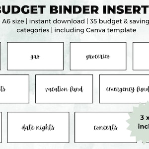 Inserti per raccoglitori di bilancio per riempire contanti / Adatto a buste di denaro A6 / 35 categorie di budget e risparmio + modello Canva per personalizzare
