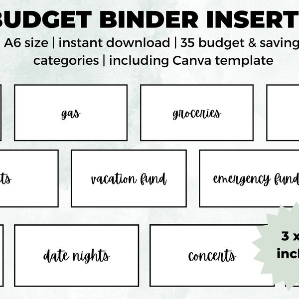 Budget Binder Inserts for Cash Stuffing | Fits A6 Cash Envelopes | 35 Budget & Savings Categories + Canva template to customize