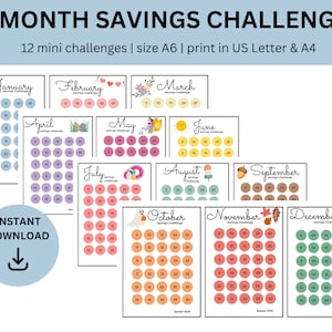Retos de Ahorro de 12 Meses Mini / Retos de Ahorro Imprimibles / Apto para A6 / Imprimibles en tamaño A4 o Carta / Divertido, colorido y temático