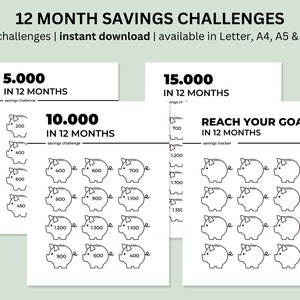 Retos de ahorro de 12 meses / Reto de ahorro de 5K, 10K, 15K Imprimible / Reto de ahorro mensual / Reto de ahorro de 10K / Carta, A4, A5, A6