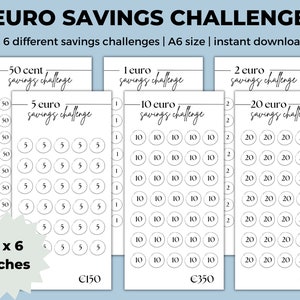 Euro Savings Challenge | Geld Sparen Challenge | 50 cent, 1 euro, 2, 5, 10 euro, 20 euro printable | A6 Budget Binder | Envelope Inserts