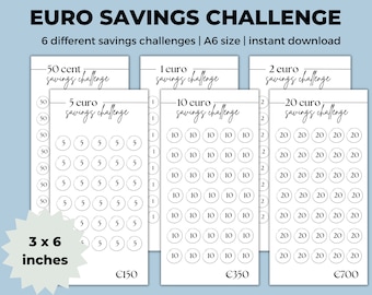 Défi de l'épargne en euros | Défi Geld Sparen | 50 centimes, 1 euro, 2, 5, 10 euros, 20 euros imprimables | Classeur budgétaire A6 | Insertions d'enveloppe