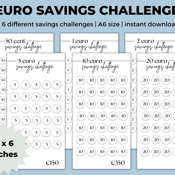 Euro Spar-Challenge | Geld Sparen Challenge | 50 Cent, 1 Euro, 2, 5, 10 Euro, 20 Euro druckbar | A6 Sammelmappe | Umschlag-Einlagen