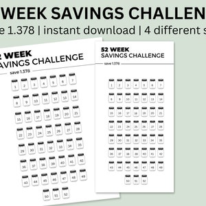 May include: Black and white printable 52 week savings challenge chart with the text "52 Week Savings Challenge" and "save 1.378". The chart features 52 jars with numbers 1 through 52 inside each jar.