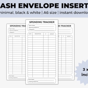 May include: Three black and white printable cash envelope inserts with the text "SPENDING TRACKER" and "DATE", "DESCRIPTION", and "AMOUNT" headings. The inserts are 3 x 6 inches.