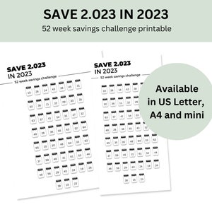 52 Week Savings Challenge Printable | Save 2.023 in 2023 | Available in US Letter, A4, Binder and Envelope | Savings Tracker | Save Money