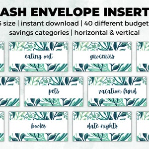 Inserti per buste di contanti stampabili per imbottitura di contanti / Inserti per raccoglitori di budget / Formato A6 / 40 categorie di budget e risparmio / Botanico