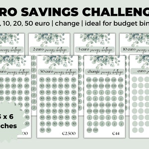 Euro Savings Challenge | Saving Challenge Euro | Geld Sparen Challenge | 1 euro, 2, 5, 10 euro, 20 euro, 50 euro | A6 Budget Binder Inserts