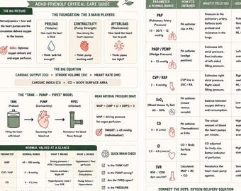 Hemodynamica gemakkelijk gemaakt: studiegids voor verpleegkundigen, ADHD-vriendelijke aantekeningen voor intensive care, 3 pagina's tellende printbare PDF